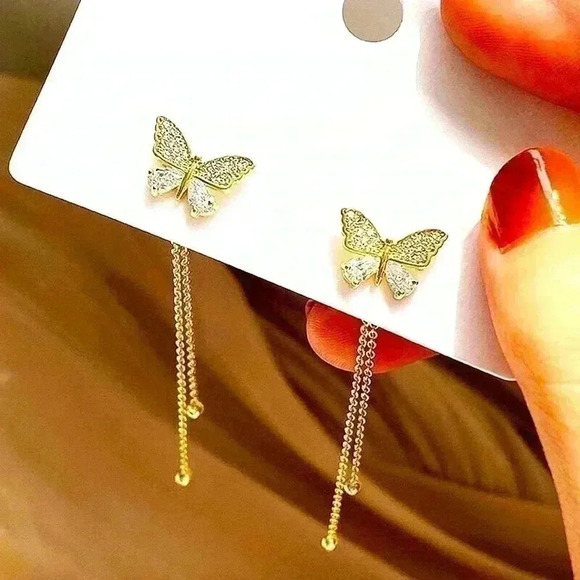 Beautiful 18k Gold Over Silver Diamond Butterfly Earrings